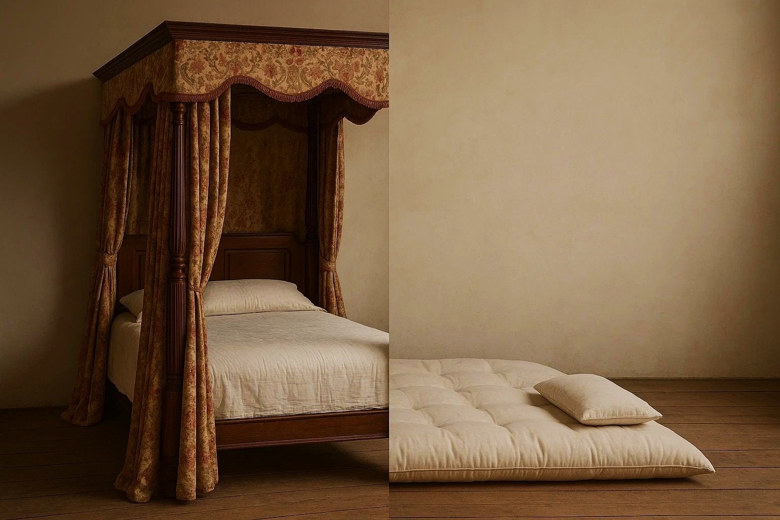 A bedroom with a four-poster bed with floral curtains and a beige bedspread, separated by a wall from a tatami mat with a single cushion and pillow on a wooden floor.