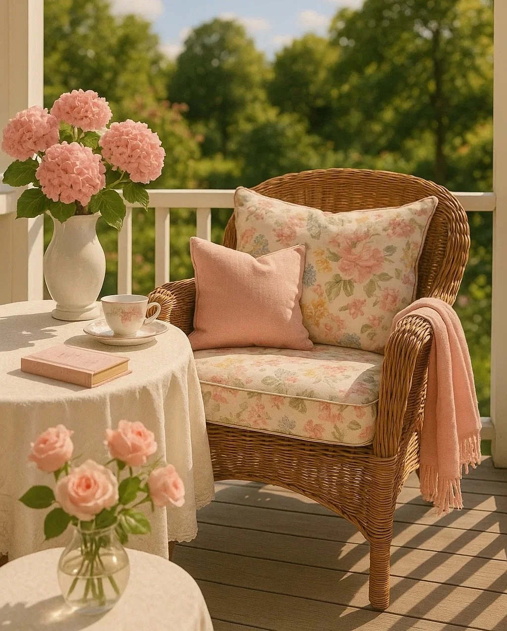 A cozy outdoor porch scene with a wicker chair that has pastel floral cushions, a pink pillow, and a pink blanket. A round table with a cream tablecloth holds a teacup, saucer, and a pink book. Two vases of pink roses are on the table and nearby surface, with a background of green trees and a blue sky.