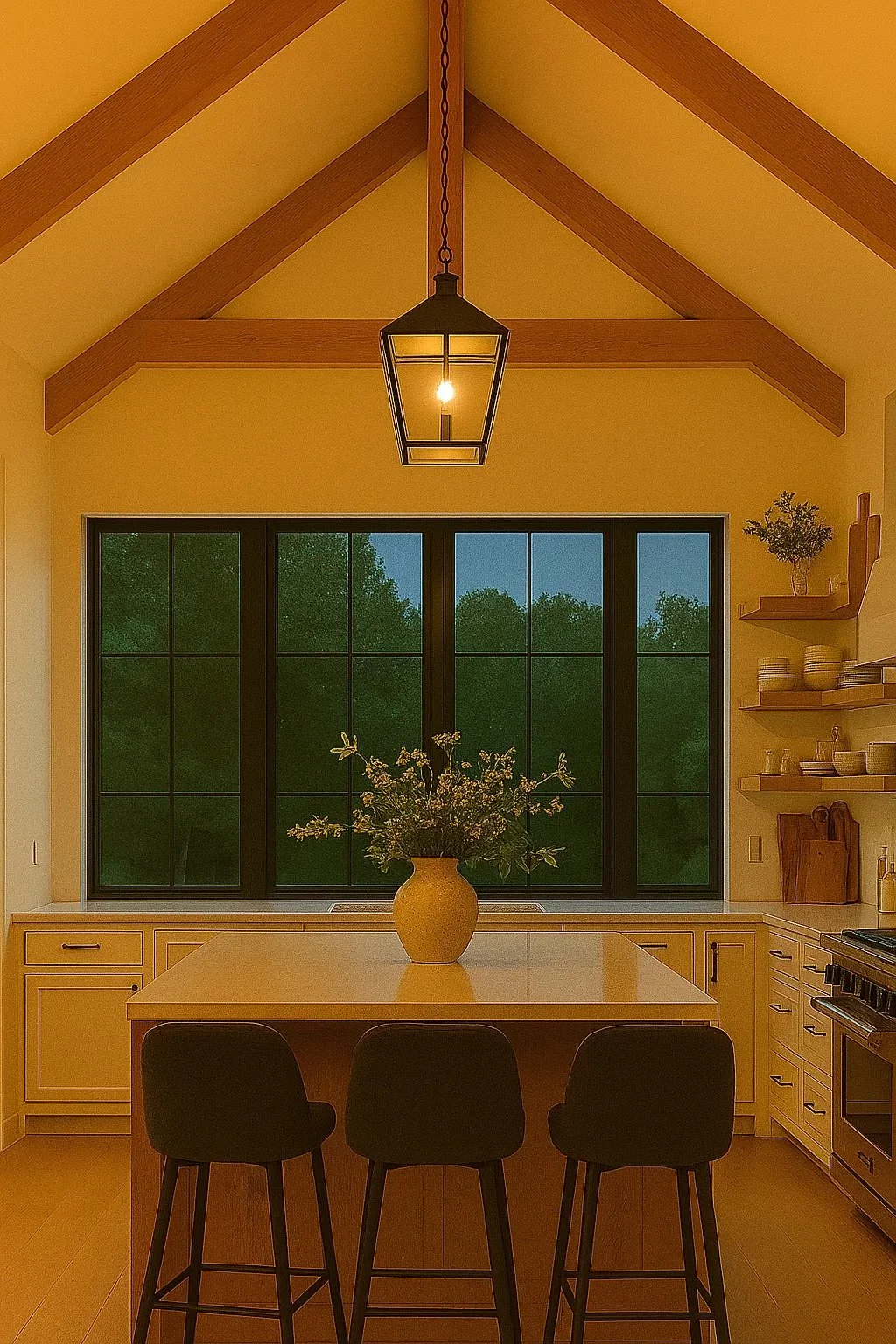 Kitchen with high vaulted ceiling, wooden beams, hanging light fixture, large window with green outdoor view, center island with vase of flowers, shelves with dishes, and black stools.