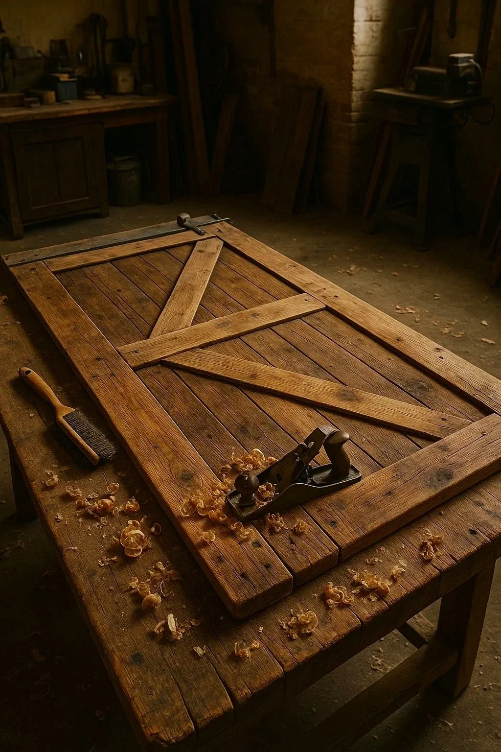 Woodworking workshop with a rustic wooden door on a workbench, wood shavings scattered around, and tools including a hand plane, brush, and hammer.