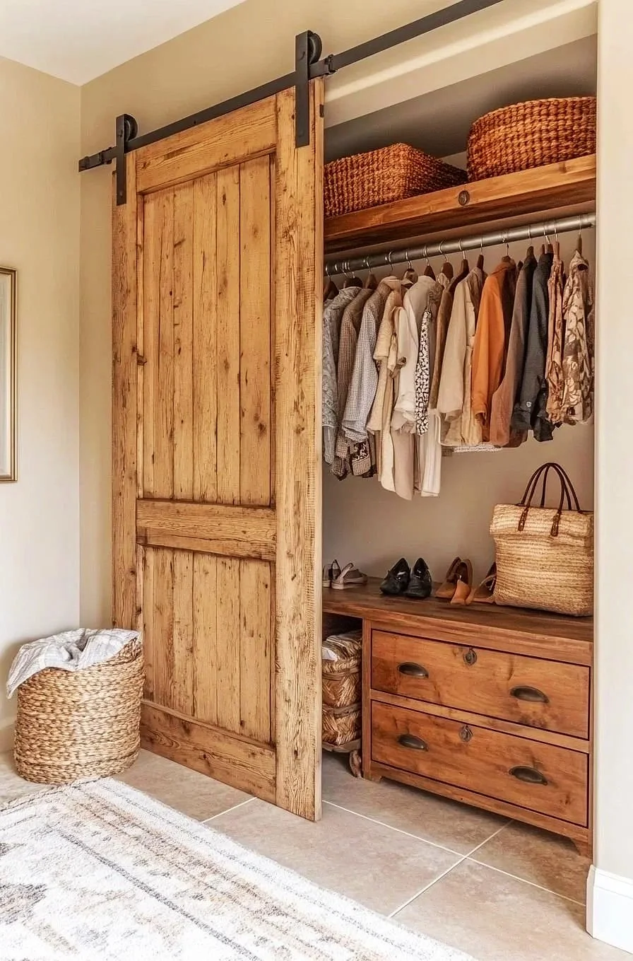 A closet with a sliding wooden barn door, containing clothes on a rail, storage baskets on top, and shoes on a wooden dresser inside. There is a woven basket on the floor with a cloth inside.