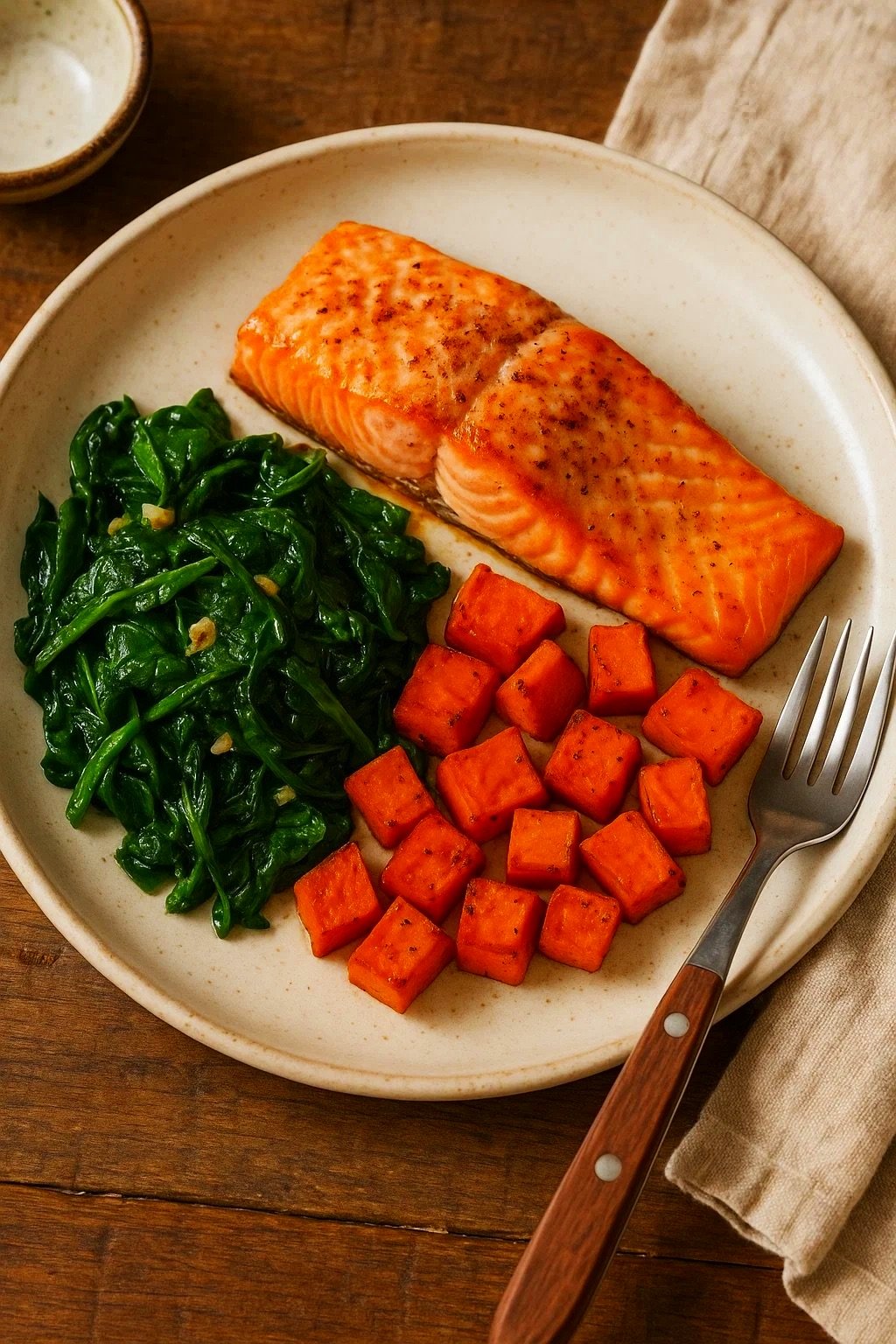 A plate of cooked salmon fillet with grilled marks, sautéed leafy greens, and roasted sweet potato cubes, with a fork resting on the side of the plate.