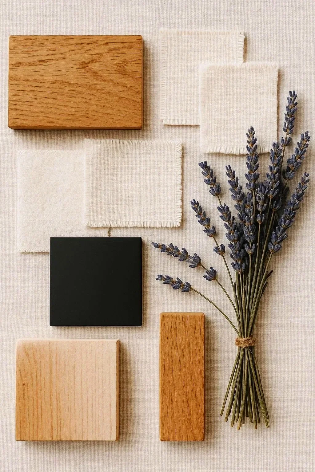 Arrangement of wooden blocks, white cloth squares, black tile, and lavender flowers on a neutral background.