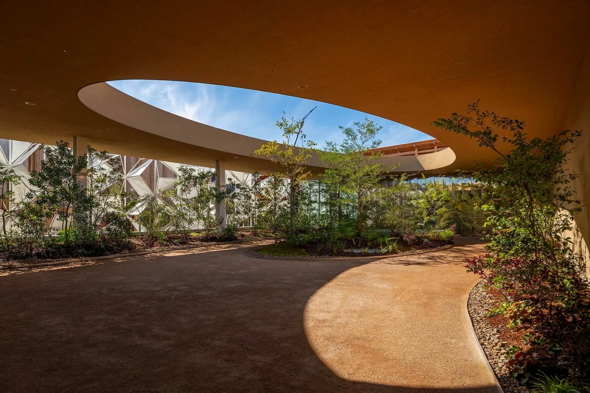 Indoor courtyard with a large round skylight overhead, surrounded by young trees and plants, and a curved pathway.