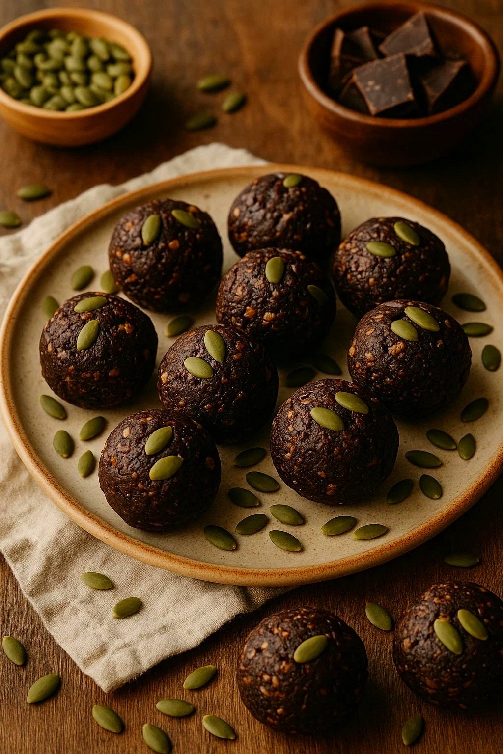 Chocolate energy balls decorated with pumpkin seeds on a ceramic plate with bowls of pumpkin seeds and dark chocolate in the background.