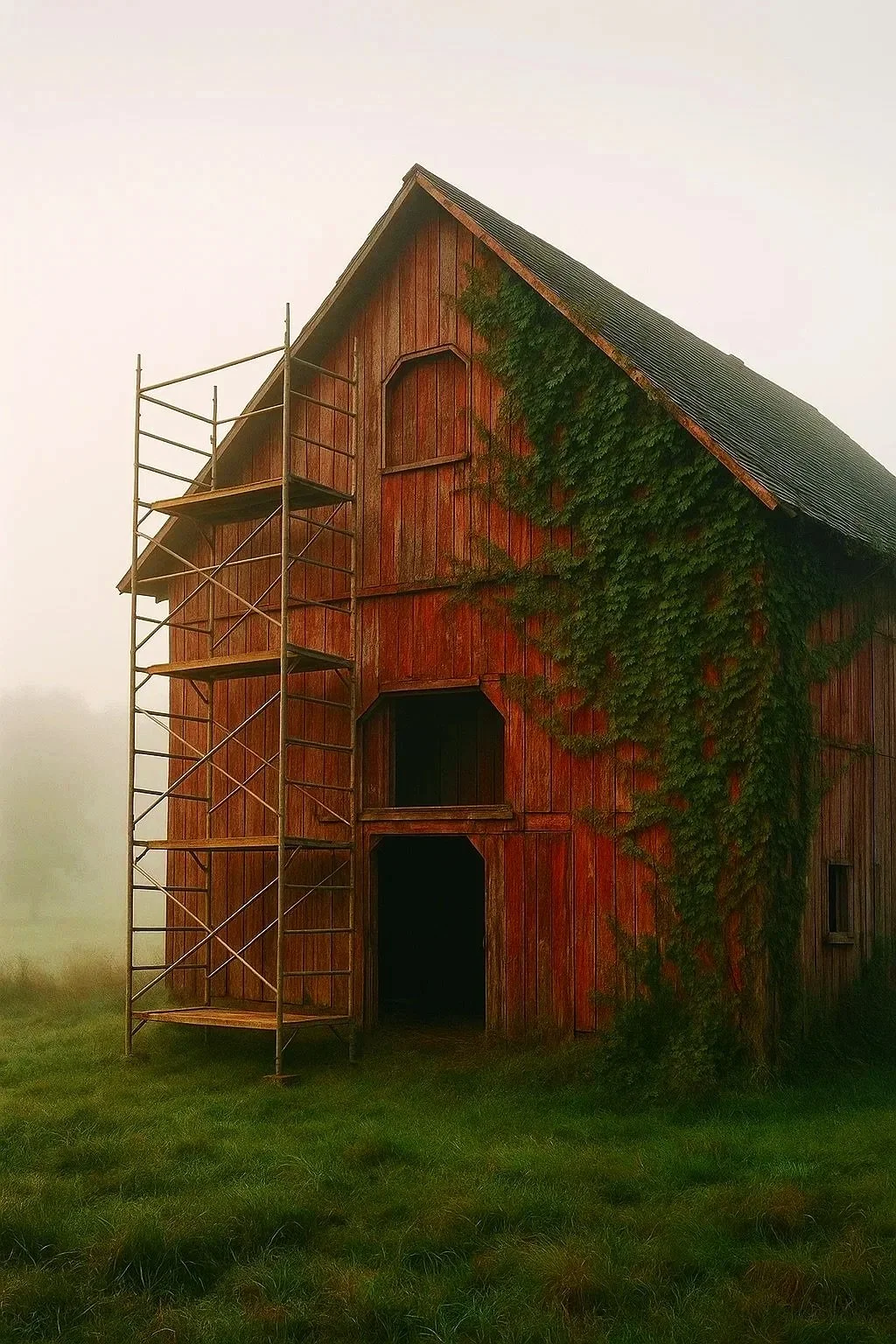 A wooden barn with scaffolding on its left side, partially covered in green ivy, on a foggy day with a grassy foreground.