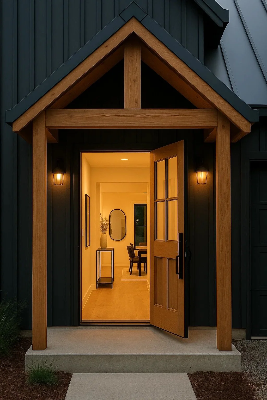 View of a modern house entrance with a wooden door slightly open, warm interior lighting, and exterior black panel siding with wooden accents.