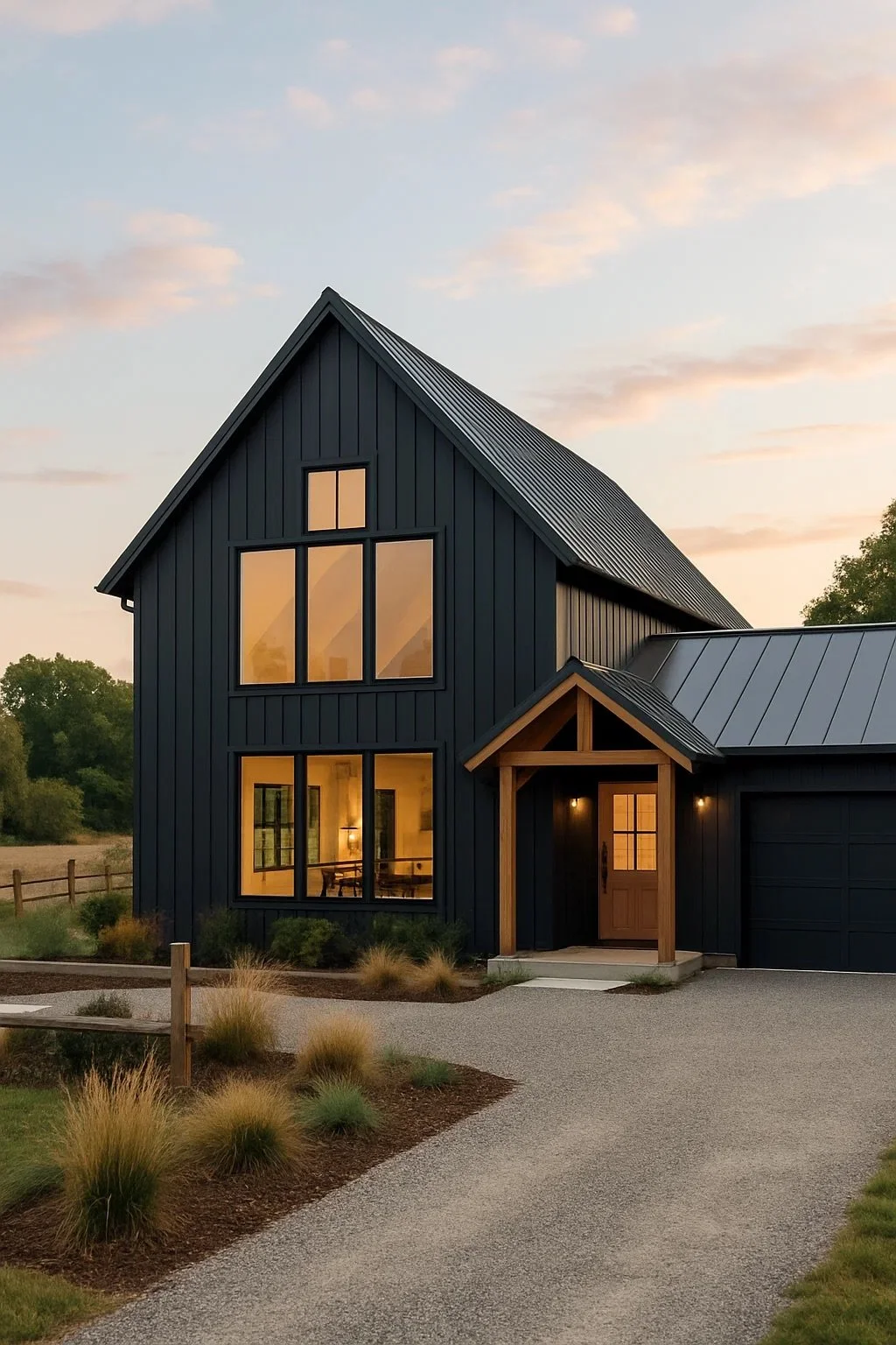A modern two-story house with a black exterior, large windows, and a wooden front porch, surrounded by a landscaped yard and a gravel driveway at sunset.