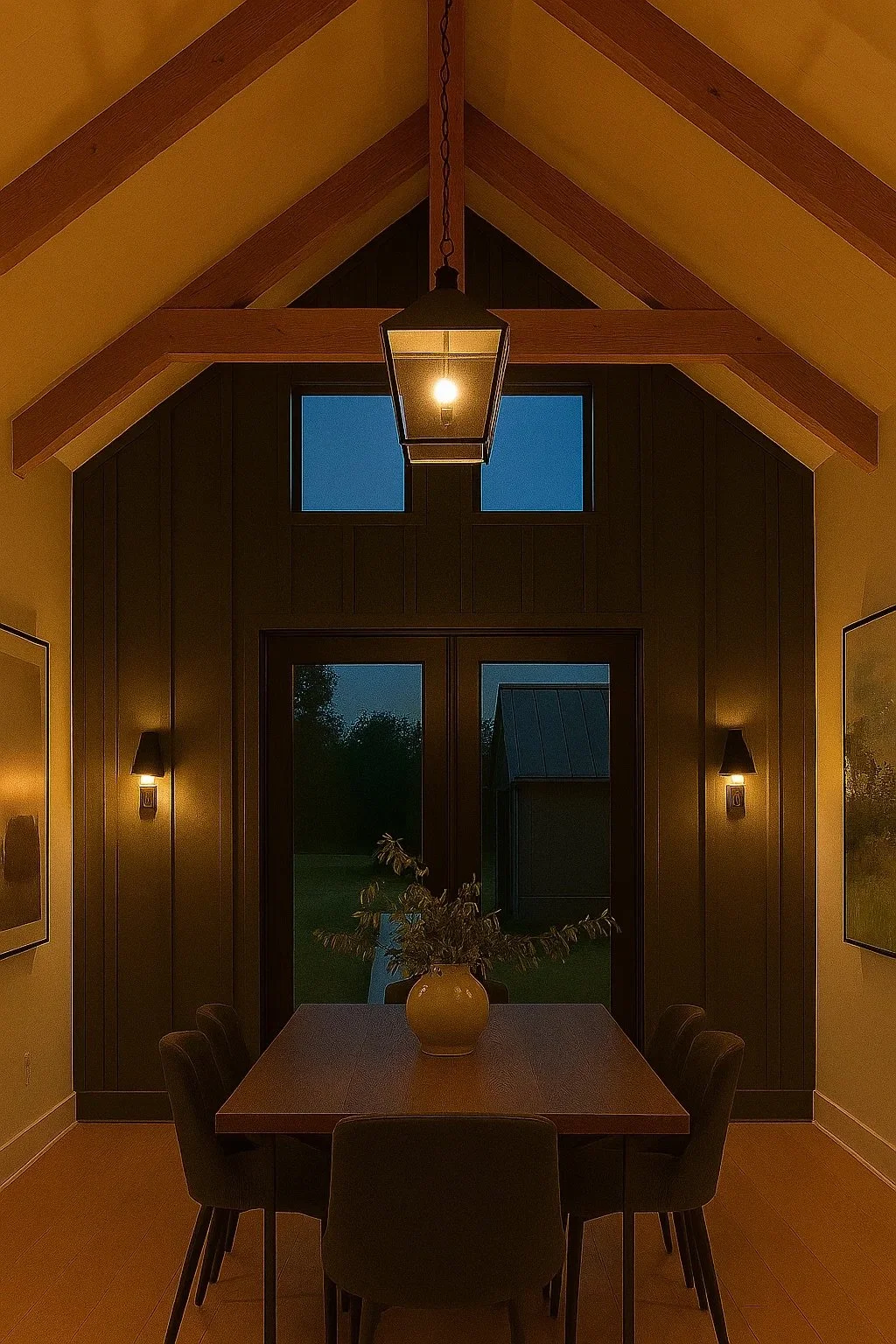 A dining room with a wooden table, six black chairs, a vase with dried flowers, and two wall-mounted lights. A pendant ceiling light hangs above, and large windows show a darkening outdoor scene.