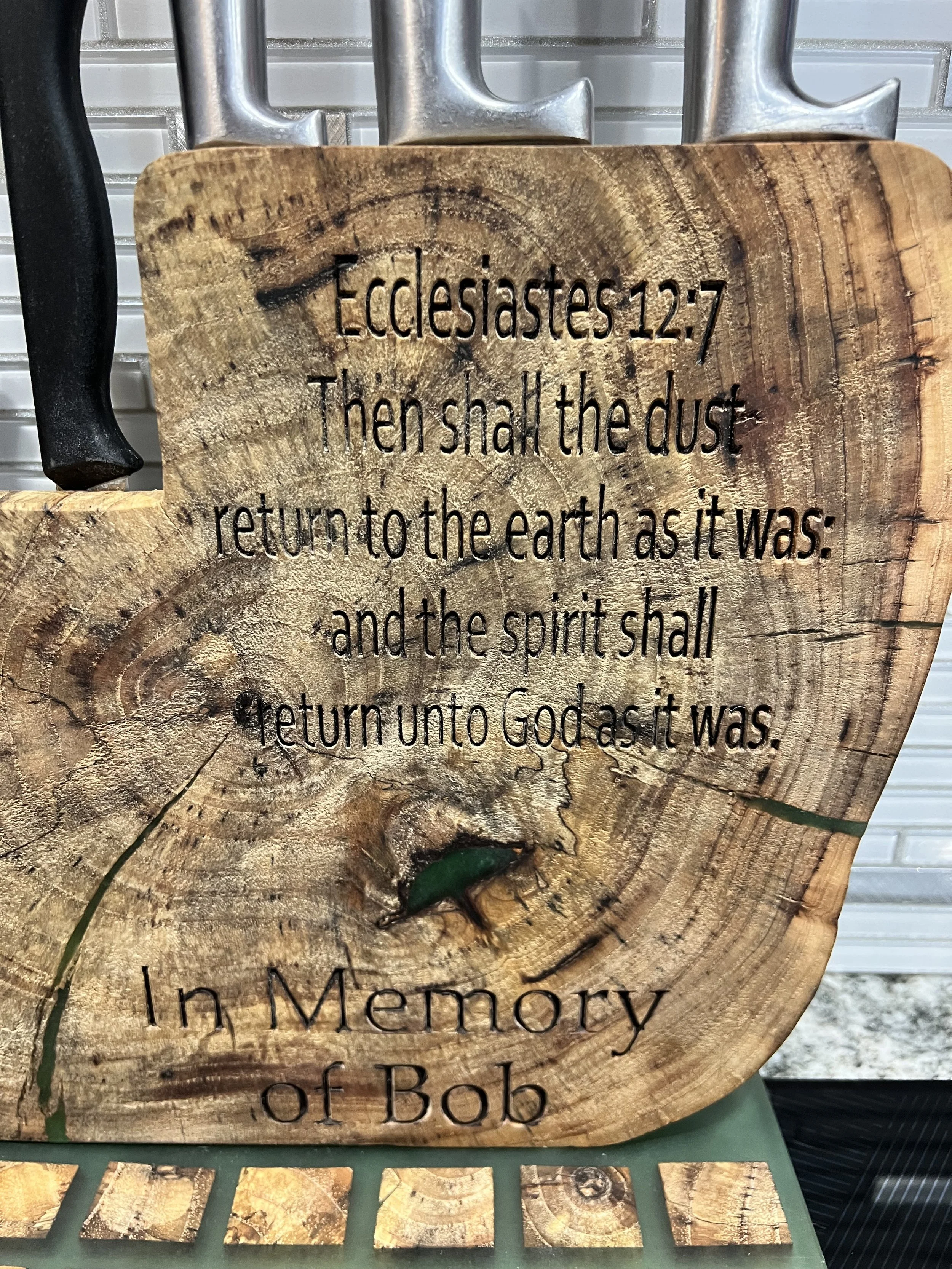 Closeup of Personalization on Kitchen Knife Holder - pecan wood provided by buyer