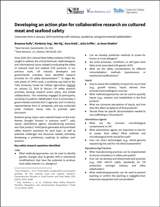 Boston Workshop 2024: Developing an action plan for collaborative research on cultured meat and seafood safety