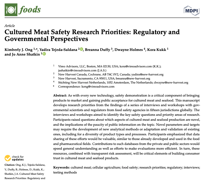 Cultured Meat Safety Research Priorities: Regulatory and Governmental Perspectives