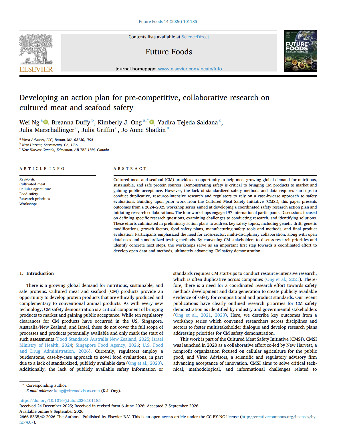 Developing an action plan for pre-competitive, collaborative research on cultured meat and seafood safety