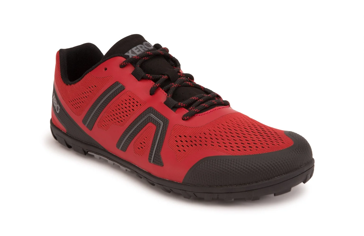 Red and black athletic shoe with mesh and rubber sole.