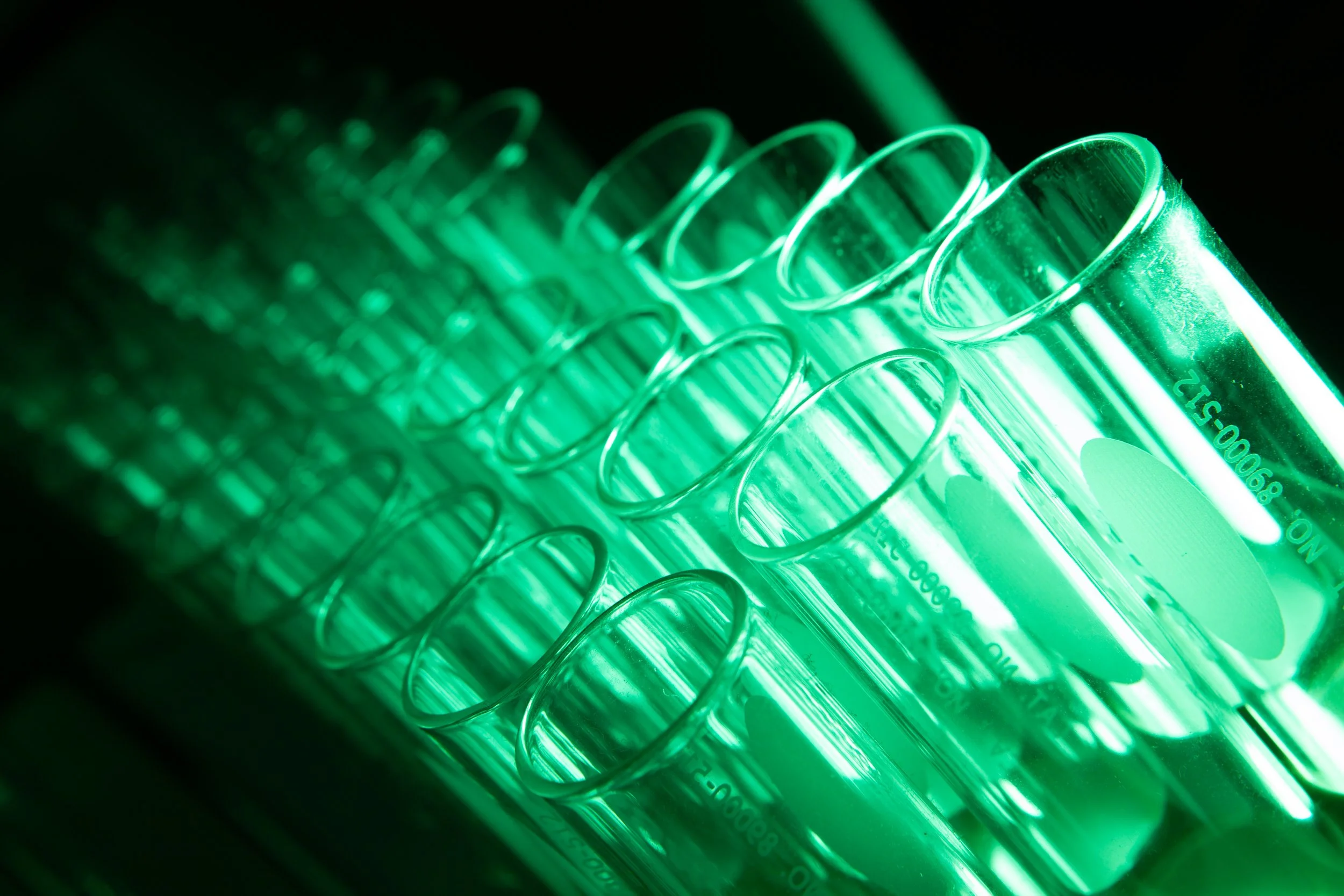 Close-up of transparent glass test tubes with a green light, arranged in a rack, in a laboratory setting.