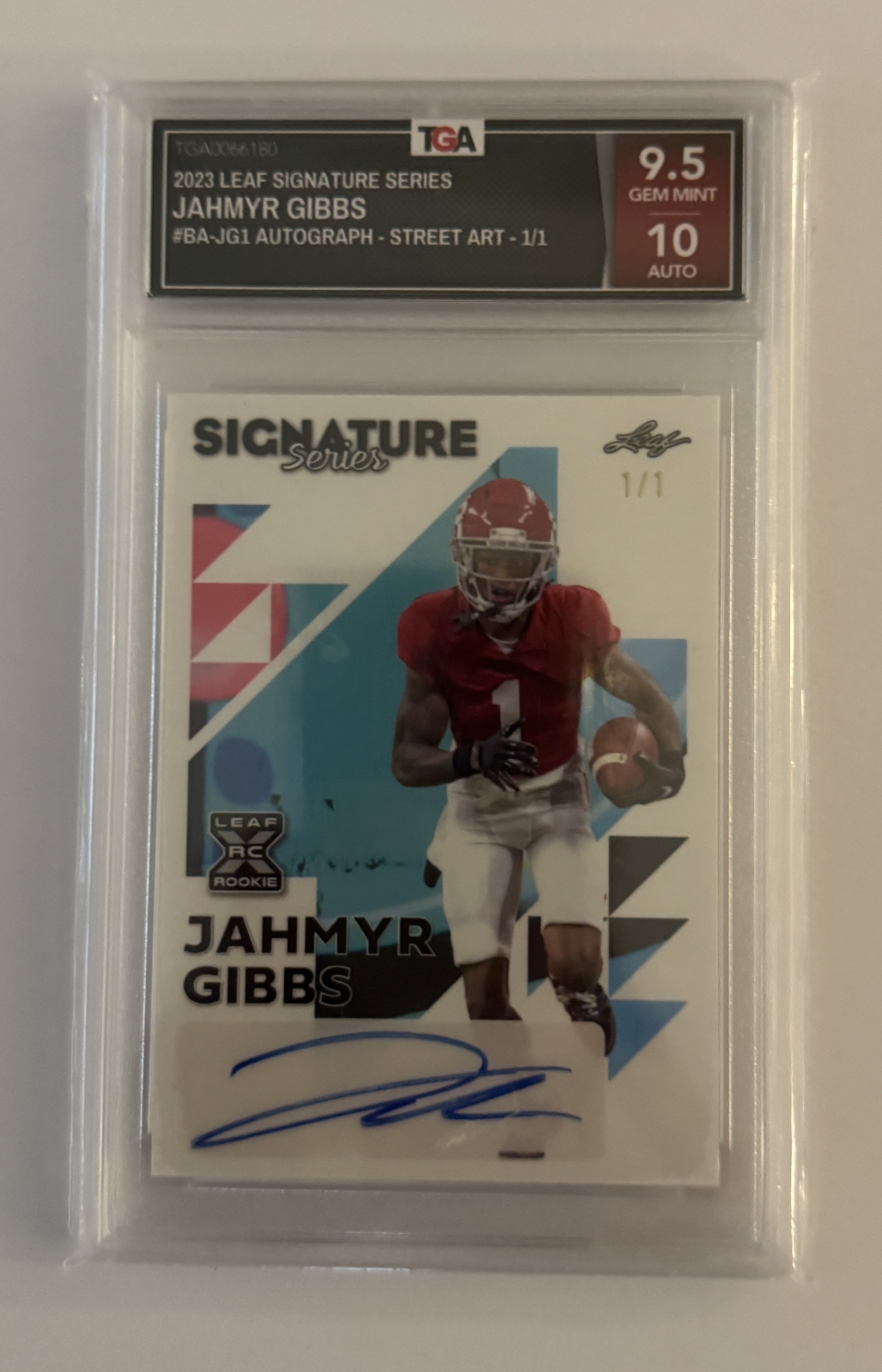 Jahmyr Gibbs, 2023 Leaf Signature Series #BA-561 AUTOGRAPH-STREET ART-1/1 9.5GEM-MINT 10 AUTOGRAPH