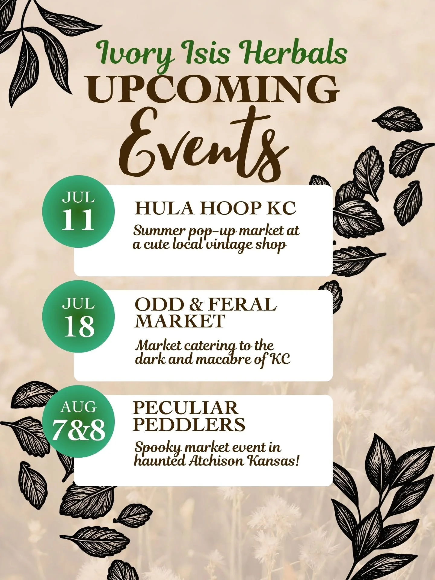 Upcoming Events for Summer!
I'm about to be a busy bee 🐝 out there this summer. 
Full details on my site on the Events page, link in bio

Hula Hoop KC @hulahoopkc
July 11th!

Odd &amp; Feral Market @omniferal
July 18th!

Peculiar Peddlars 
2 Day Eve