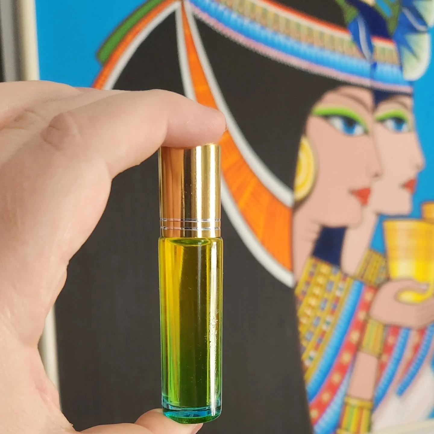 New ancient-based perfume! This is an Egyptian perfume called Mendesian, based on the Ancient Egyptian recipe of the same name. The top notes are cinnamon, cardamom, myrrh, and Aleppo pine, contained in jojoba oil roll-on bottles. This lovely mixture