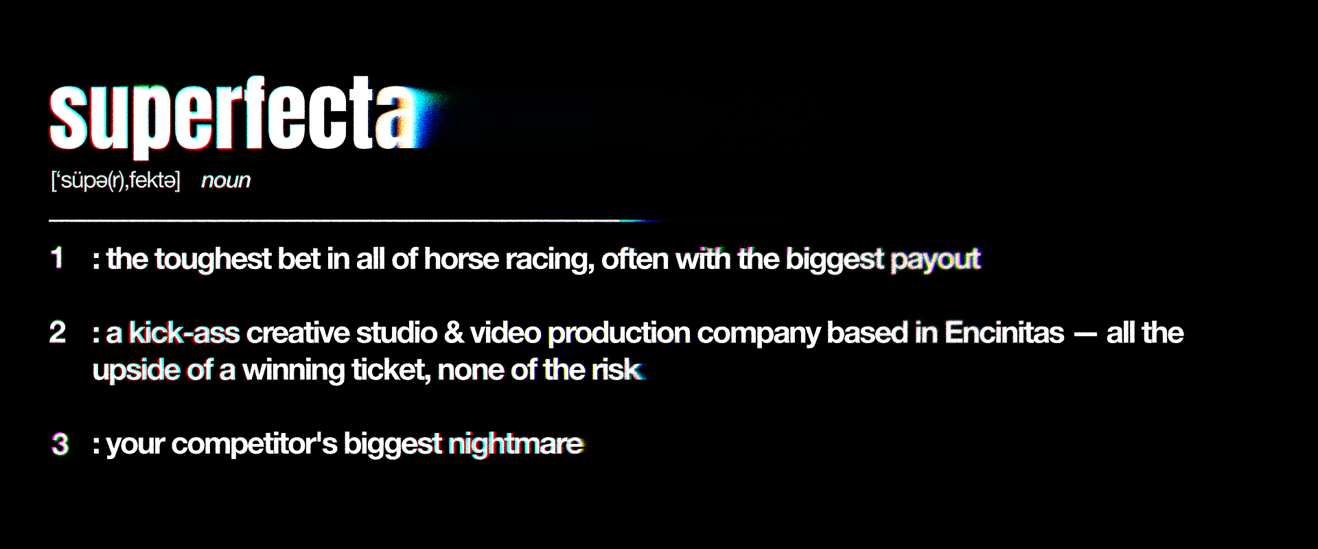 Definition of superfecta, a betting term, with numbered list of three meanings on a black background.