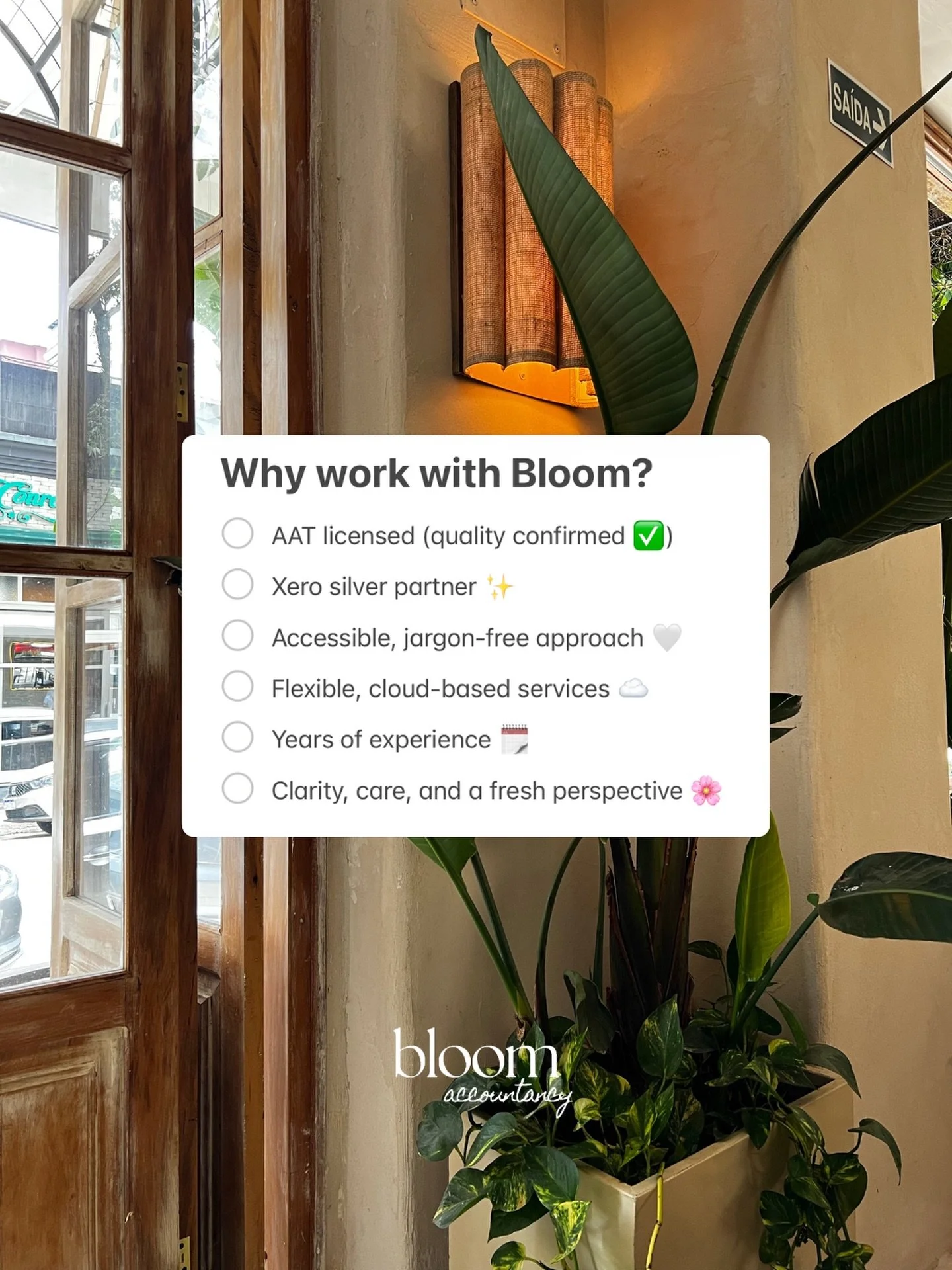 A few reasons people choose to work with Bloom!

We&rsquo;re AAT licensed, Xero silver partners, and we work flexibly around you, all in plain English, no jargon.

If you&rsquo;re looking for an accountant that feels approachable and reliable, we&rsq