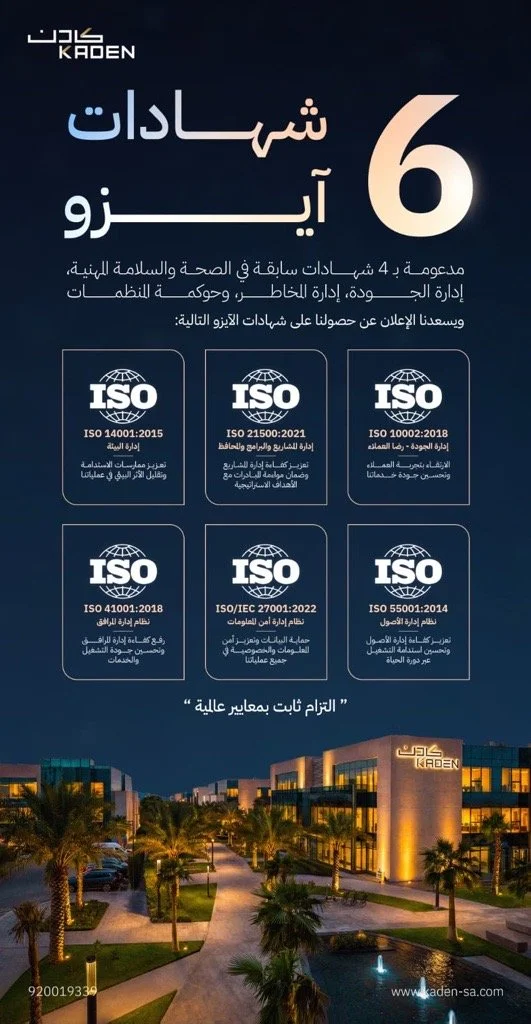 كادن تعزز مسيرتها المؤسسية بحصولها على 6 شهادات آيزو دولية إضافية