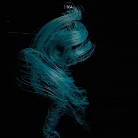 Abstract digital art of a humanoid figure made of blue light trails on a black background.