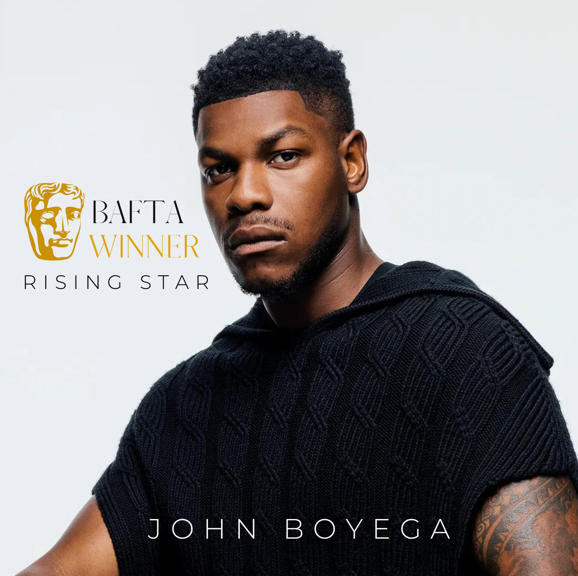 Portrait of John Boyega with text indicating he is a BAFTA Rising Star award winner.