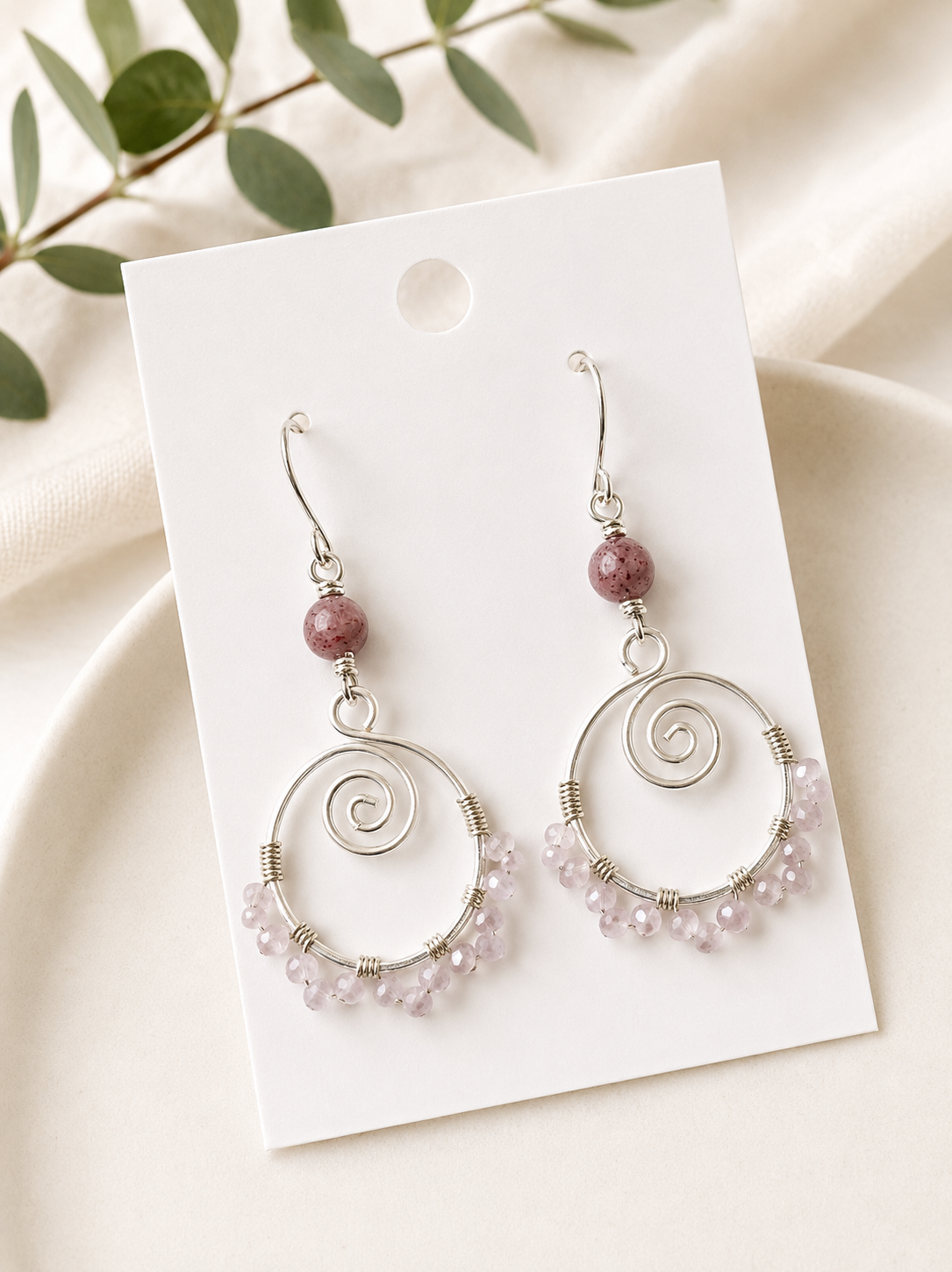Rose Quartz & Silver Spiral Dangle Earrings