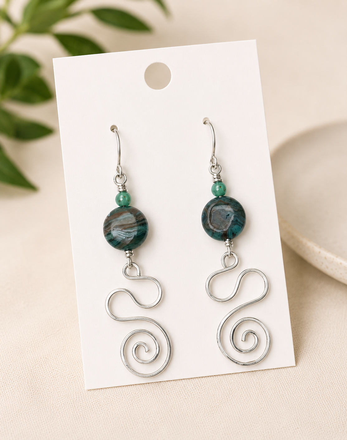 Teal Gemstone Spiral Dangle Earrings