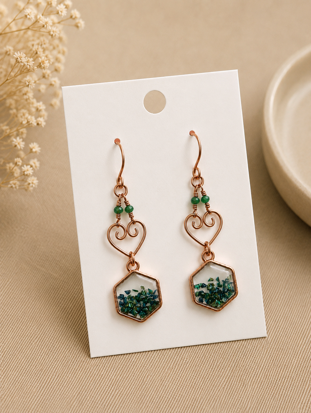 Copper Heart and Emerald Shard Earrings