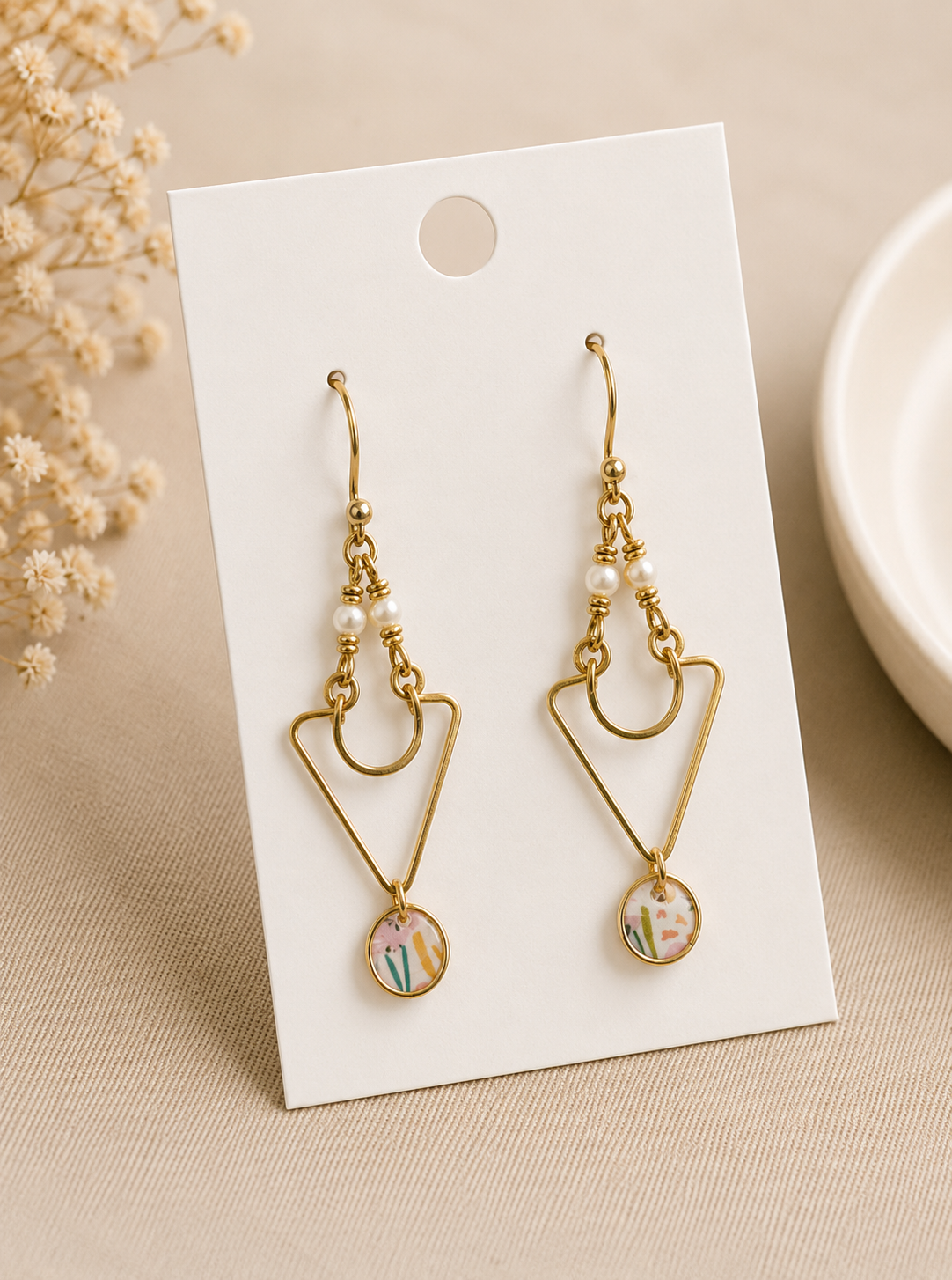 Modern Floral Brass & Pearl Drop Earrings