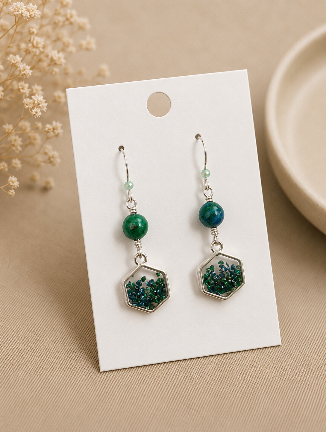 Silver Hexagon Gemstone Earrings