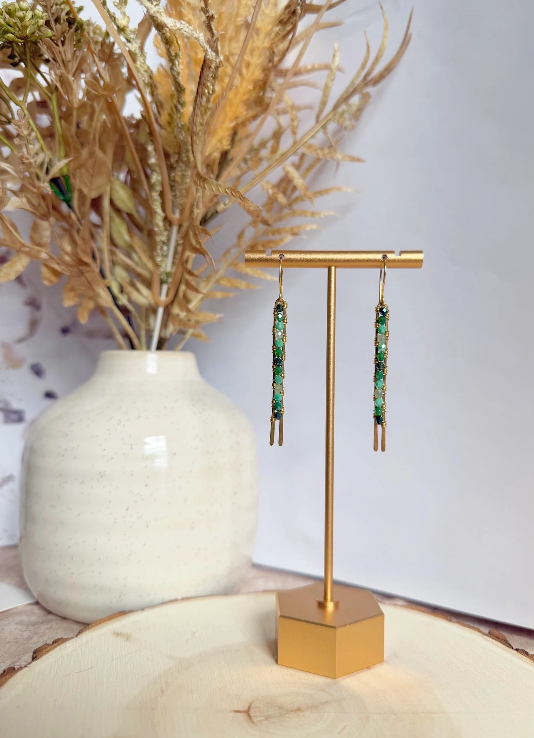 Emerald Beaded Bar Earrings