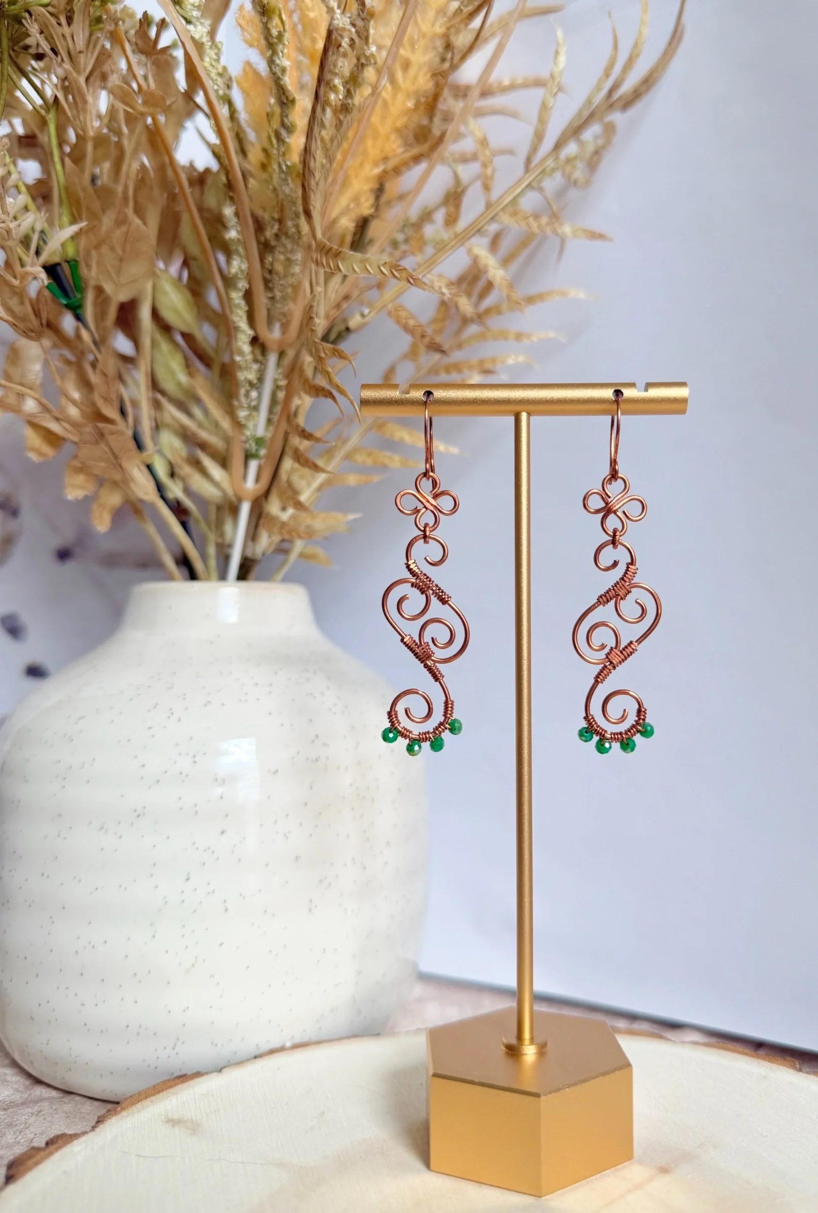 Emerald Copper Scroll Earrings
