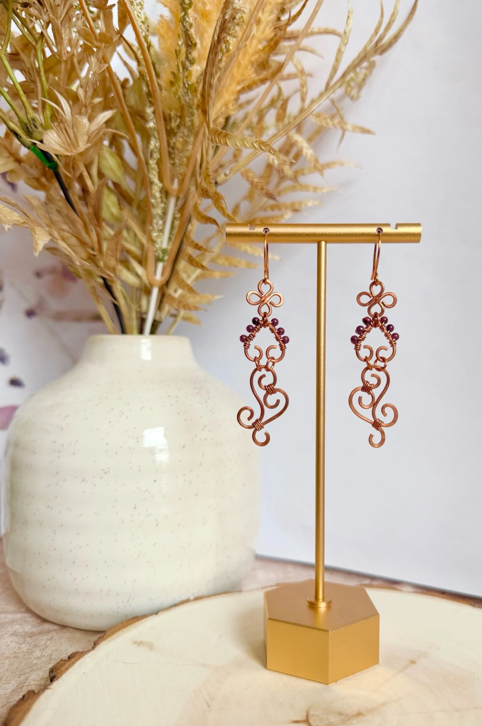 Garnet Copper Scroll Earrings