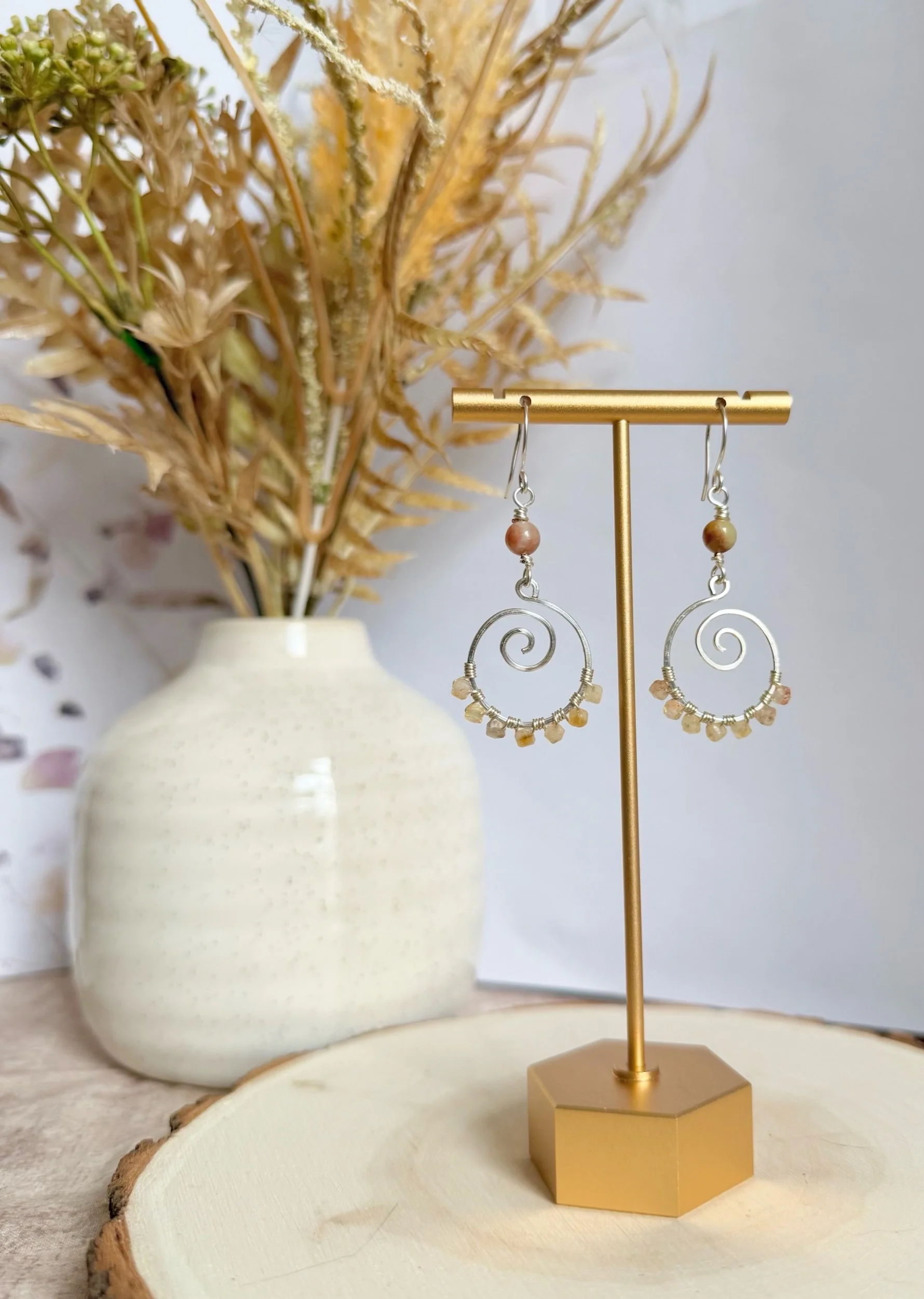 Golden Stone Spiral Hoop Earrings