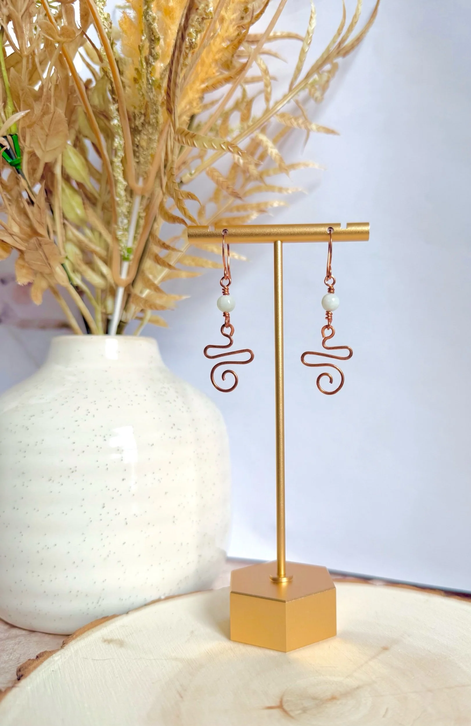 Green Stone Copper Swirl Earrings