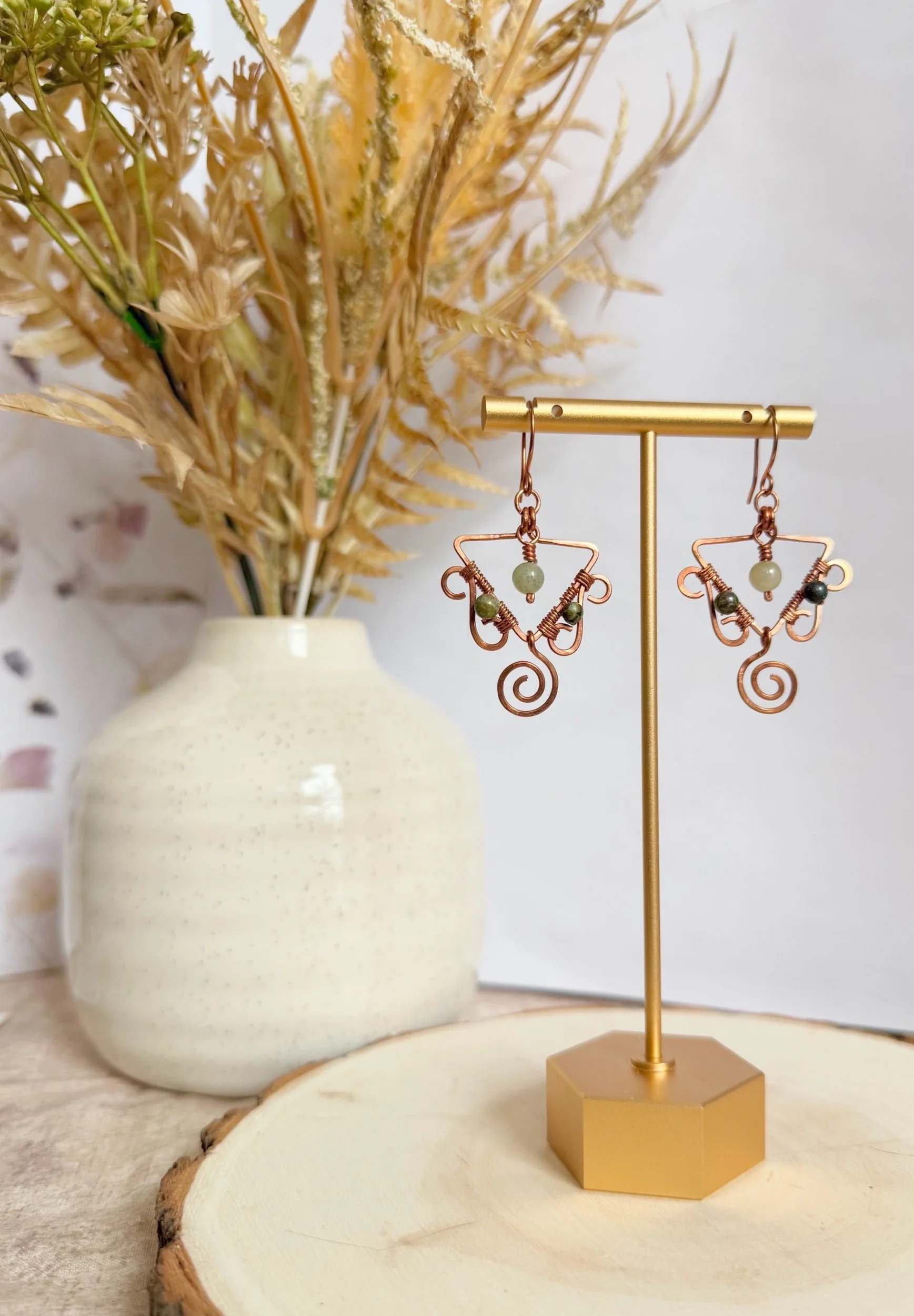 Green Stone Triangle Earrings