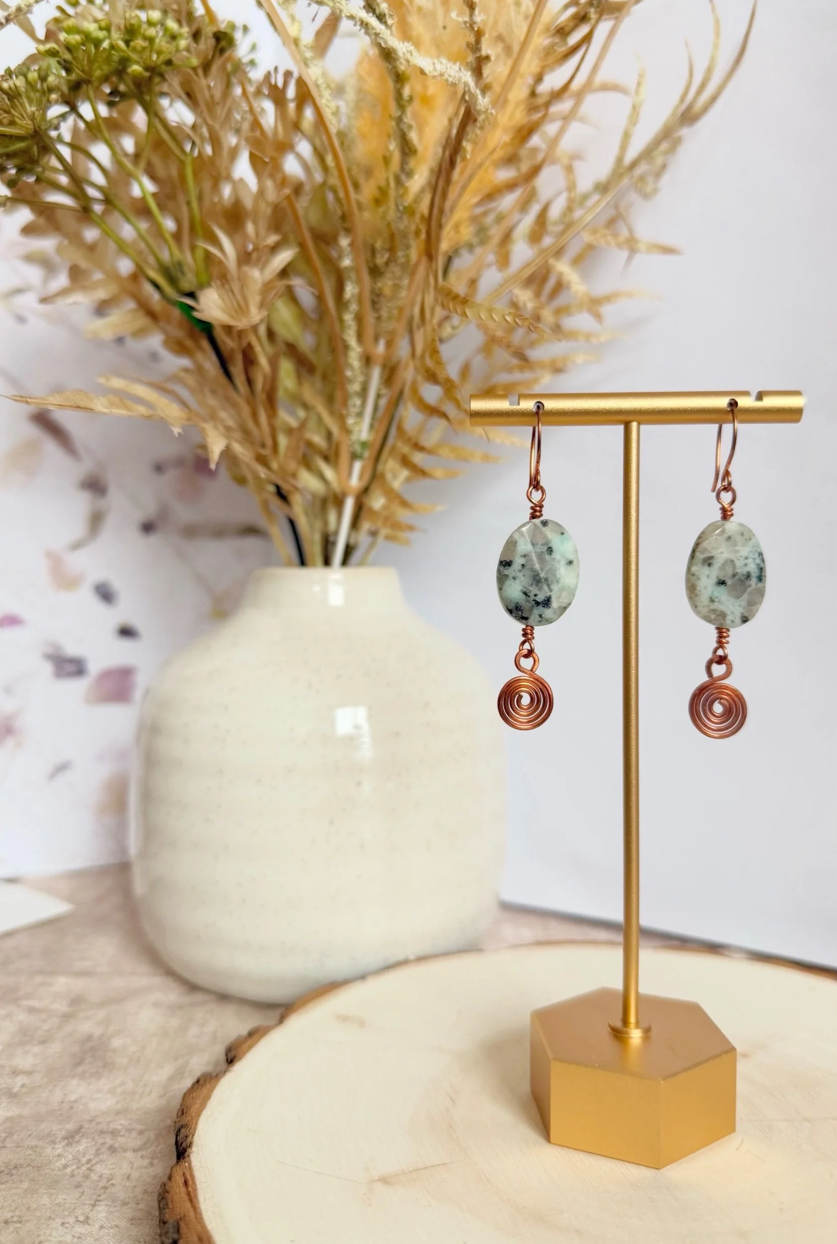 Kiwi Stone Spiral Earrings