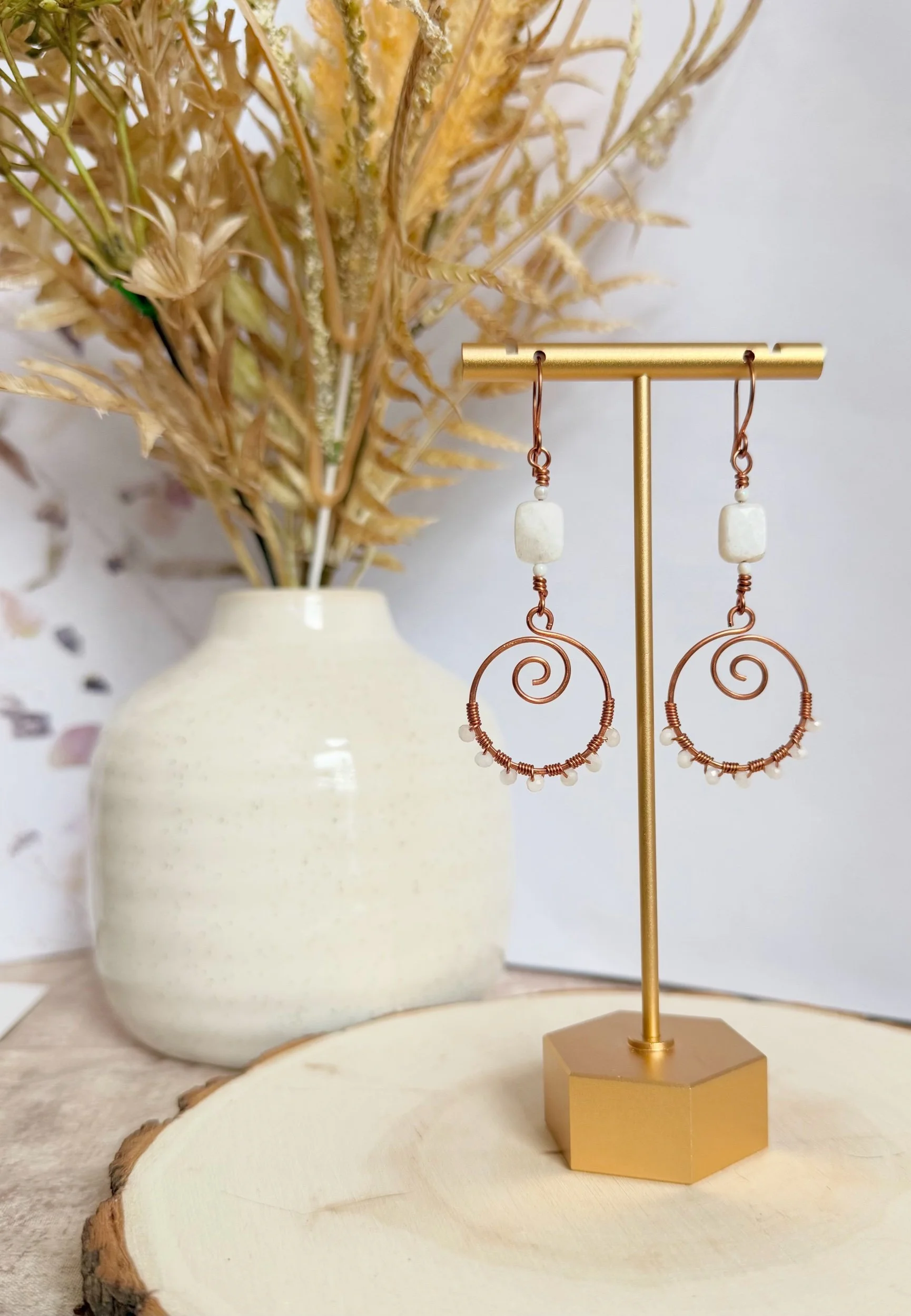 White Stone Spiral Hoops