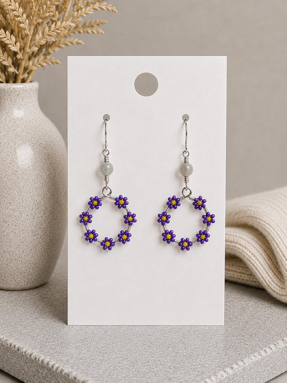 Purple Daisy Hoop Earrings