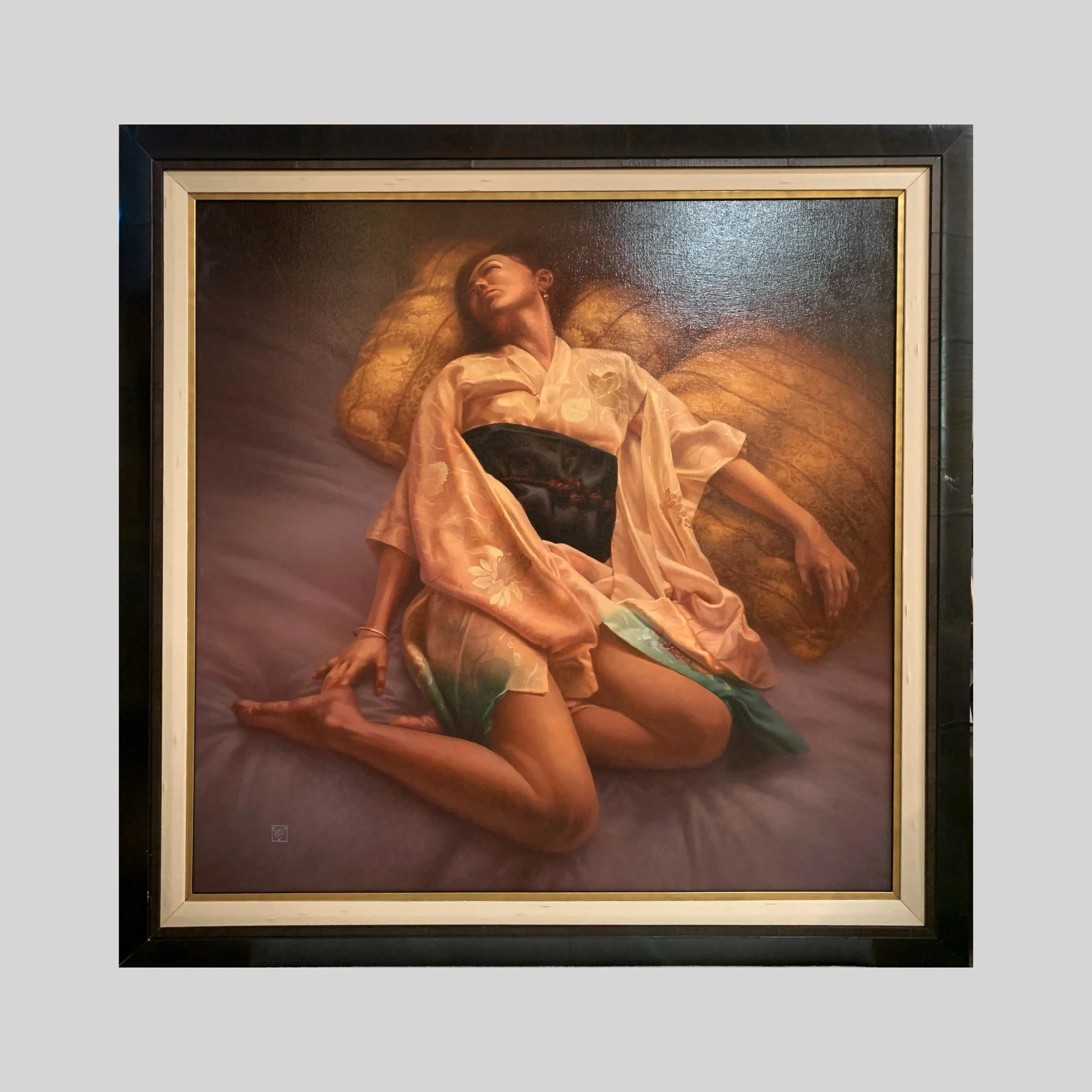 An original oil painting featuring a sensual woman in a  pastel-colored kimono in a custom-archival frame with decorative, eastern accents. 