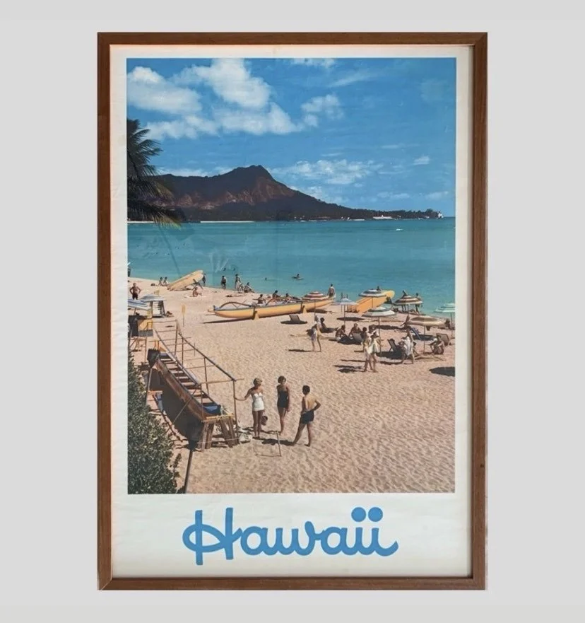 An original 1960s travel poster for Hawaii in an archival oak wood frame. 