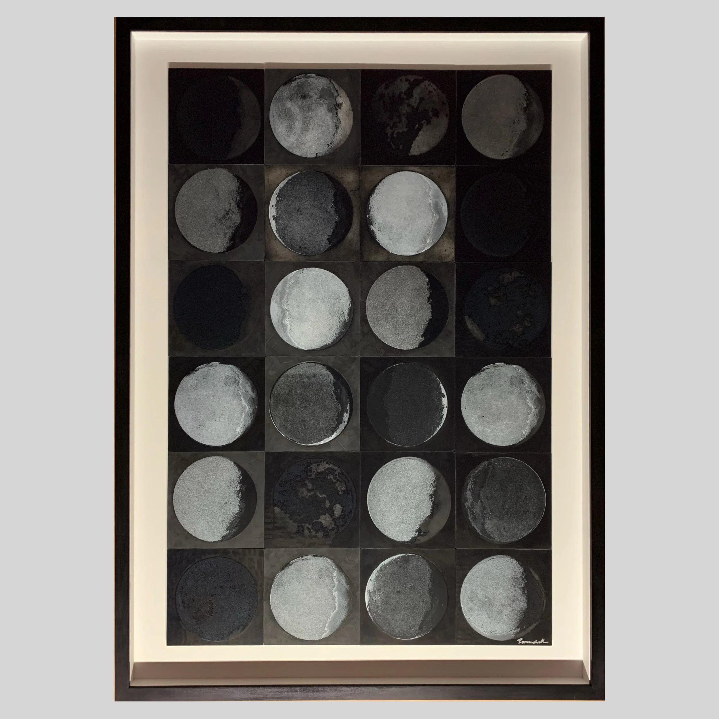 16 original paintings of the moon configured together to depict the lunar cycle in a custom, hand-stained, maple wood frame.