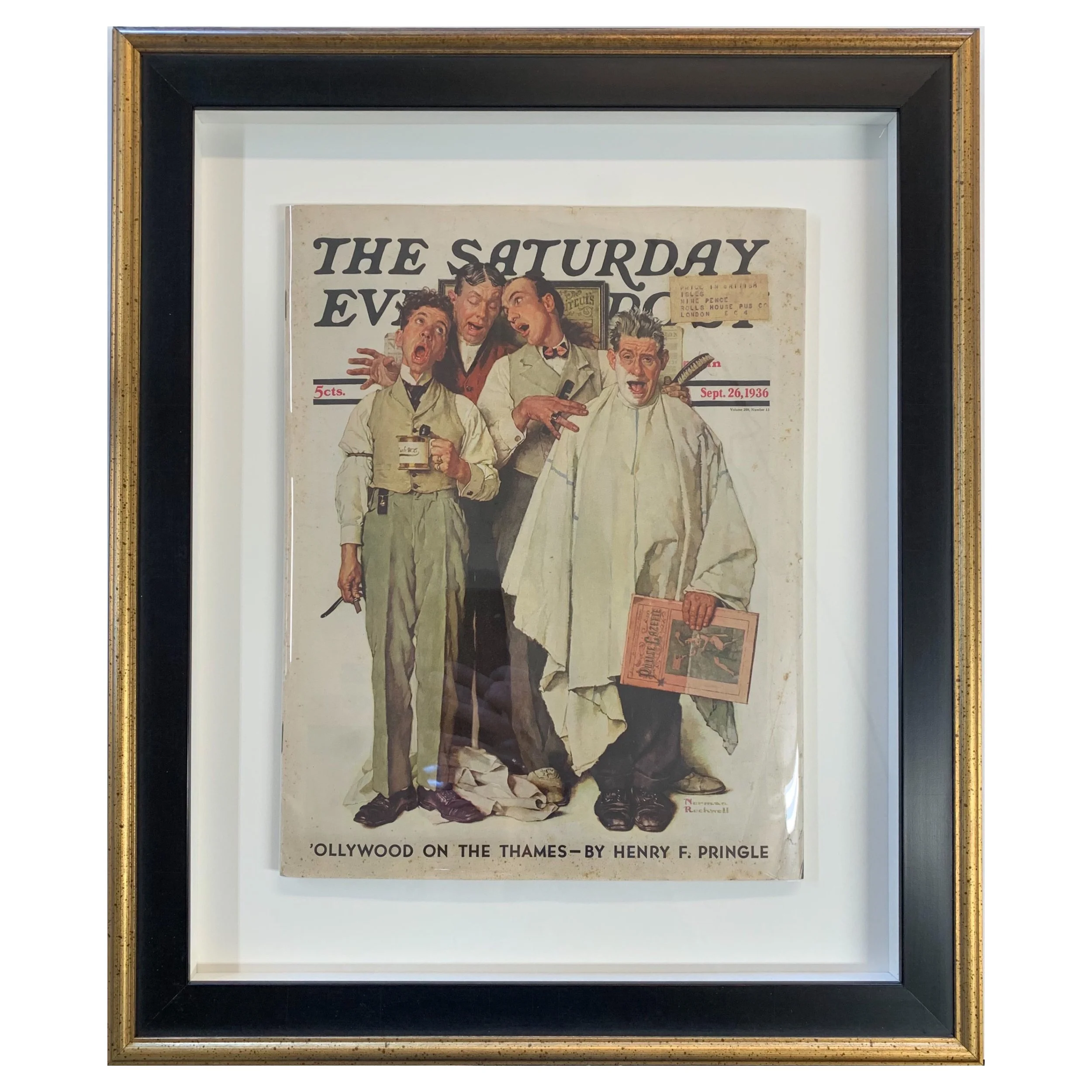 An original edition of the Saturday Evening Post from 1936 featuring a Norman Rockwell illustration entitled "Barbershop Quartet" floating in a handsome black and gold archival frame.