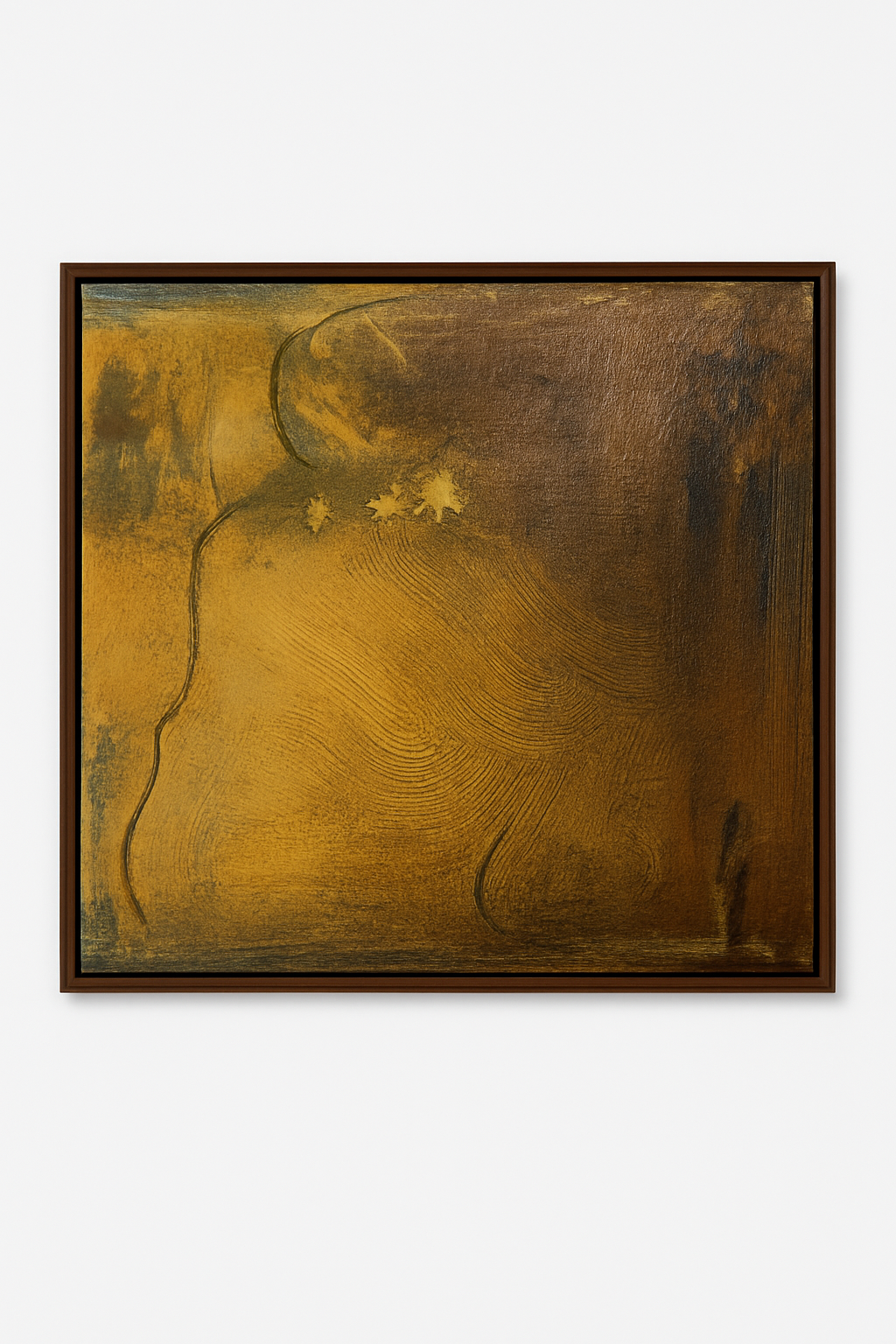 An original mixed-media painting in a sophisticated and modern walnut floater frame. 