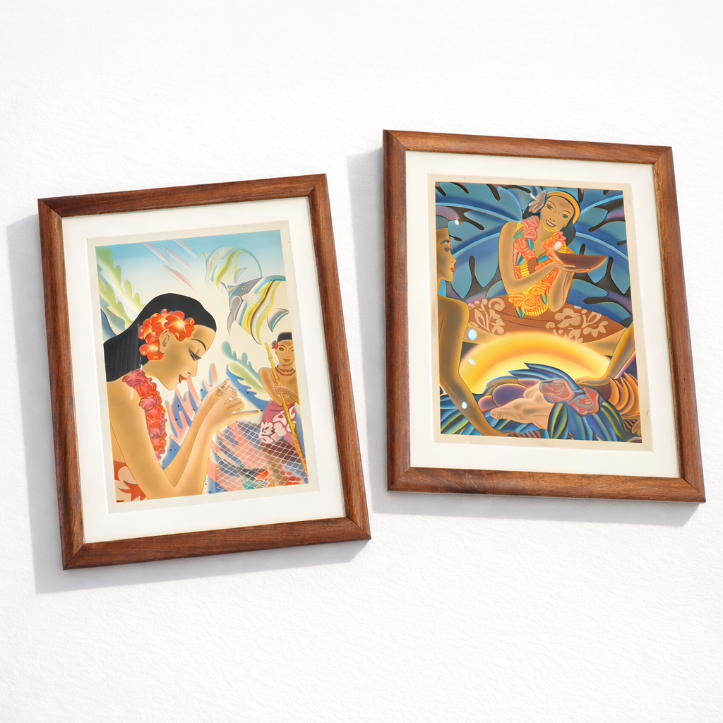 Two original 1930s menus from Hawaii's Matson Line in archival koa wood frames. 