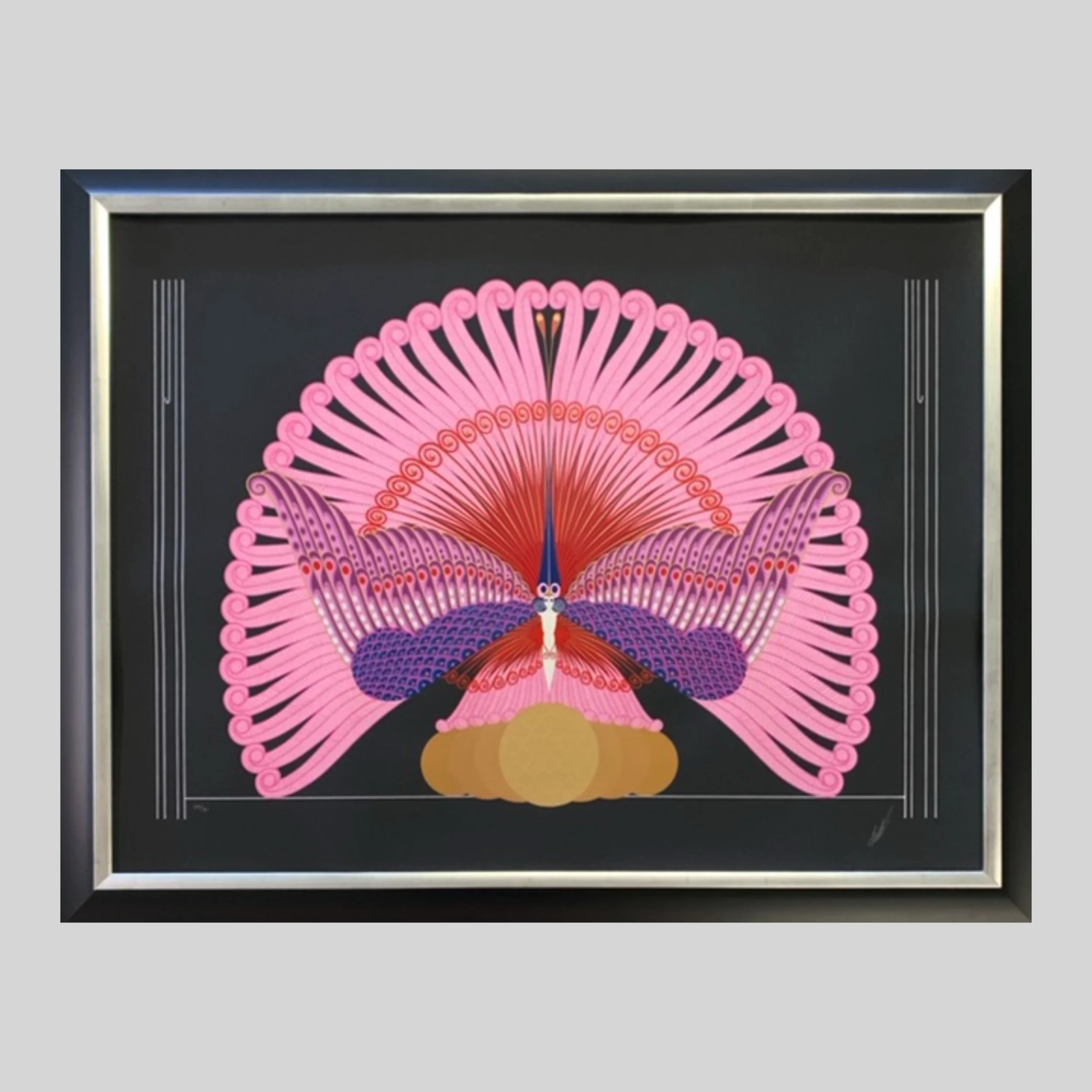 An elaborate and dramatic original serigraph by Erie in a custom Art Deco-inspired archival frame.