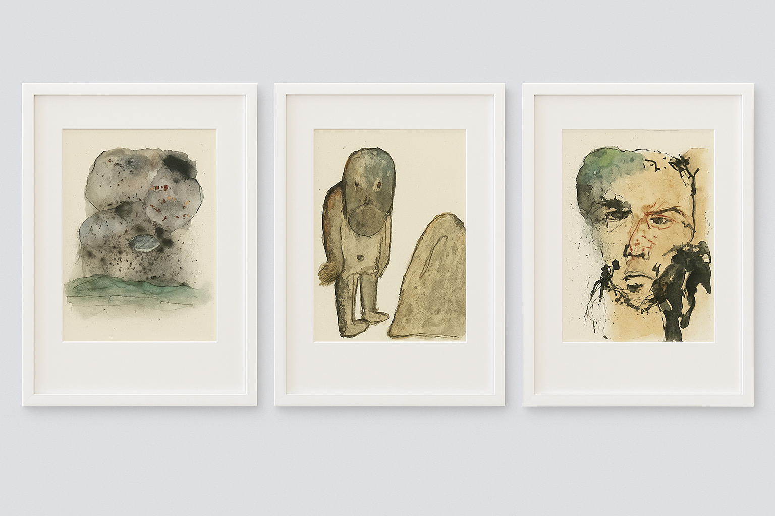 Three original mixed-media paintings depicting abstract, figurative subjects in sleek and contemporary archival gallery frames.