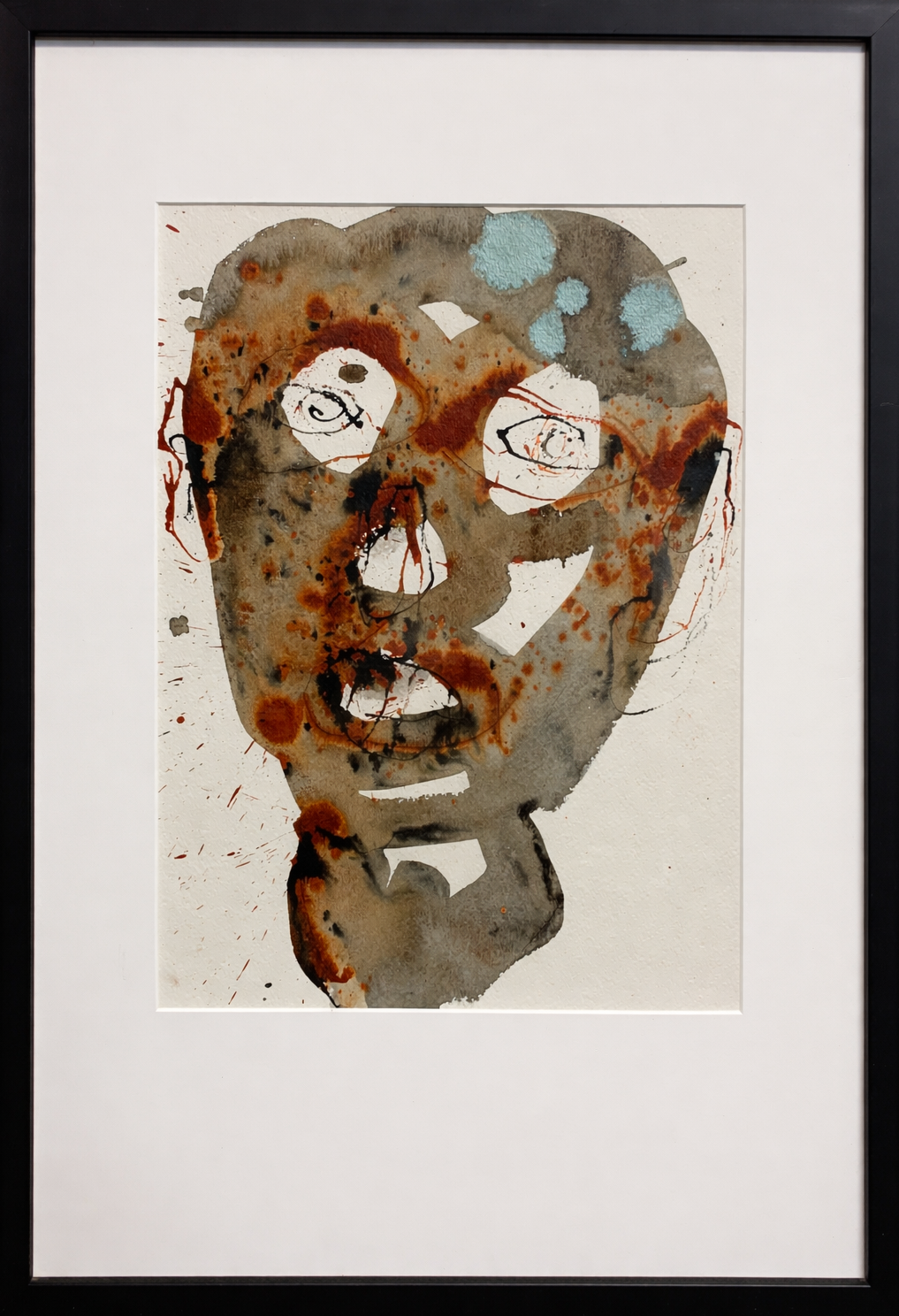 An original mixed-media painting depicting an abstract, figurative subject in a sleek and contemporary archival gallery frame. 